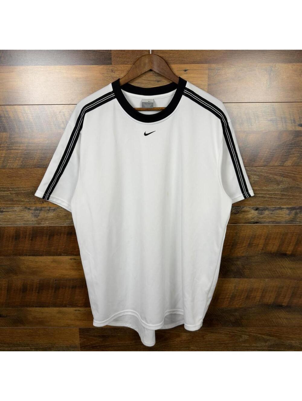 Y2K Nike Center Swoosh Ringer T-Shirt White Black Striped XL
